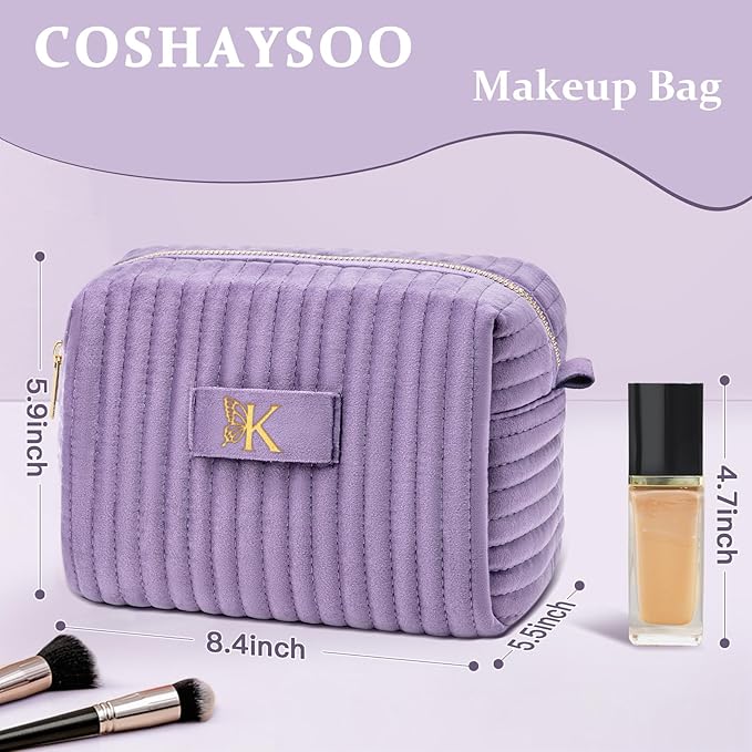 COSHAYSOO Personalized Gifts 1 2 3 4 5 6 7 8 9 10 Year Anniversary for Women Wife Girlfriend Valentines Wedding Marriage, Initial Monogram Purple Makeup Bag Cosmetic Pouch Travel Essentials Letter K