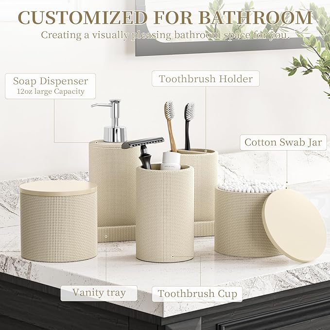 InnJoey 6-Piece Beige Bathroom Set - Mesh Textured Resin Bathroom Accessories Set with Soap Dispenser, Toothbrush Holder, Cup, Vanity Tray & Apothecary Jars for Small Spaces