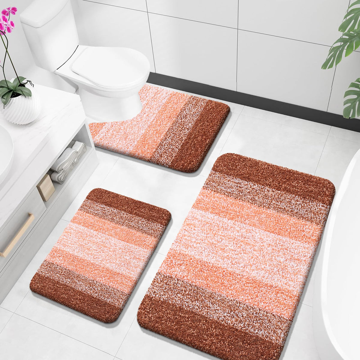 OLANLY Microfiber Bathroom Rugs Sets 3 Piece, Absorbent Bath Mats, Mauve