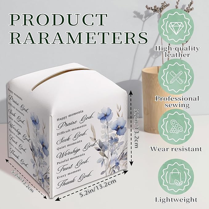 Bible Verses Christian Tissue Box Cover Square, Happy Moment Praise God Waterproof Leather Tissue Box Holder, Blue Flower Paper Facial Tissue Box Covers Cube for Office Home Prayer Room Decor