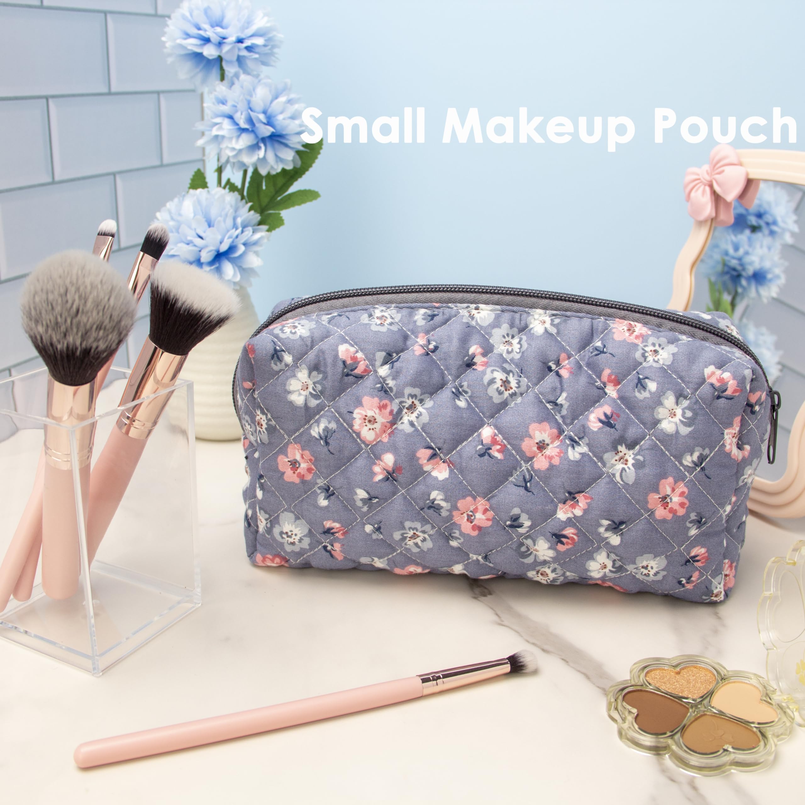 PAZIMIIK Small Quilted Makeup Bag,Zipper Cosmetic Pouch,Grey Floral
