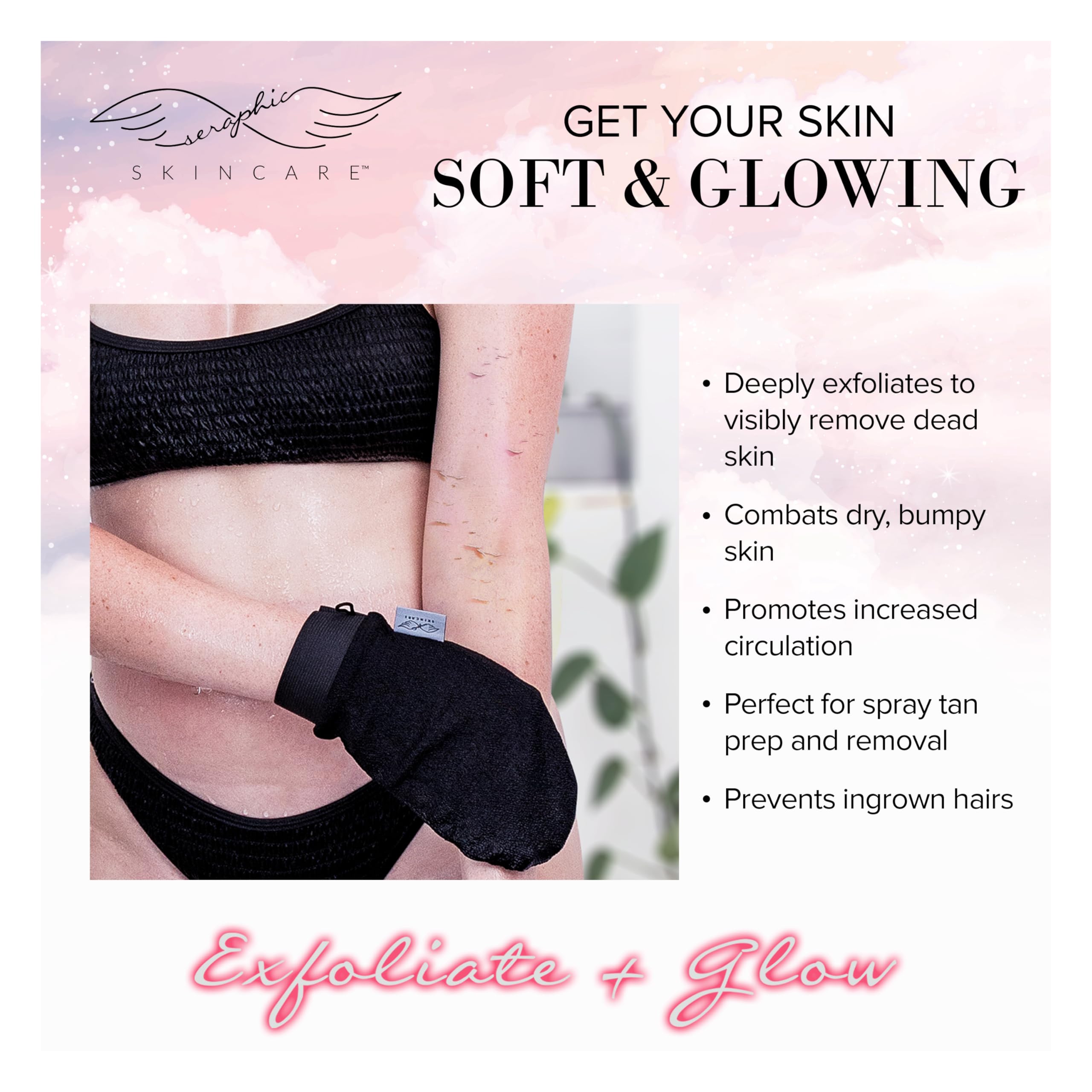Seraphic Skincare Original Premium Exfoliating Mitt for Body (1pc) – 100% Vegan Viscose Traditional Body Scrub Glove Kessa Korean Washcloth – Body Exfoliator for Self-Tan Removal & Keratosis Pilaris