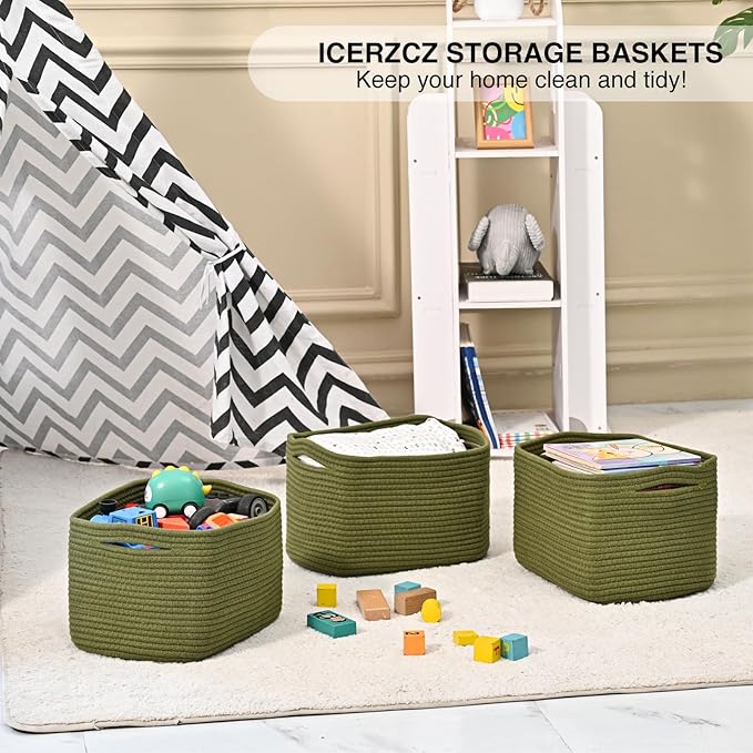 ICERZCZ Storage Basket for Shelves, Small Baskets for Organizing, Woven Cotton Rope Baskets for Storage, Book Basket, Decorative Shelf Basket, 12.5"Lx9.1''Wx7.9''H (4 Packs) Green