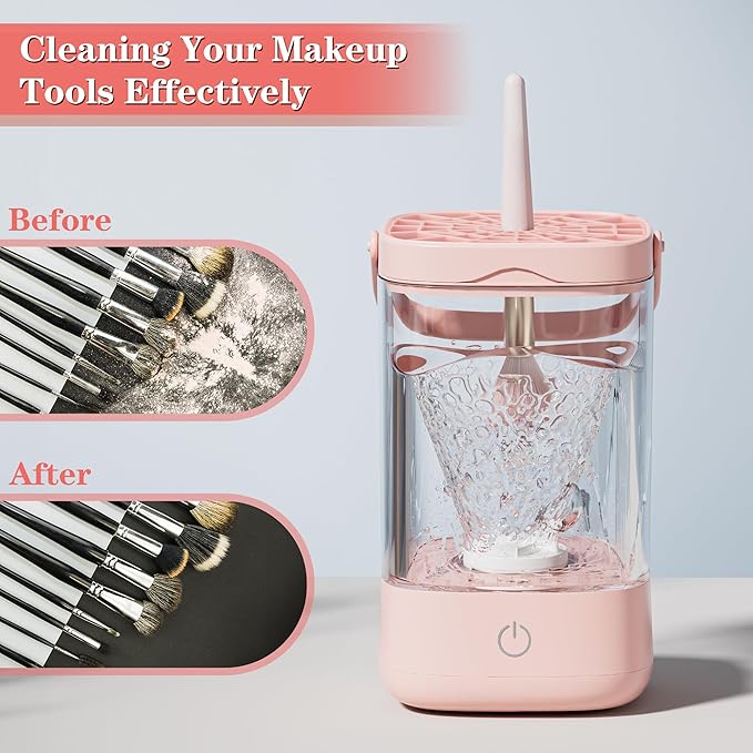 Electric Makeup Brush Cleaner - Portable Makeup Brushes Cleaning Machine, Automatic Spinning Cosmetic Brushes Washer, Make Up Brush Cleaner Tools for Most Sizes Brushes and Sponges (Pink)