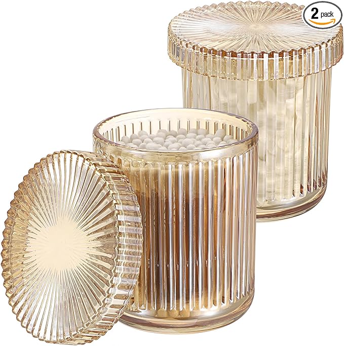 Hipiwe 2 Pack Glass Qtip Holder Dispenser Bathroom Organizers and Storage Q-tip Apothecary Jars with Lid Vanity Makeup Organizer Bathroom Canister, Cotton Swabs, Balls, Pads, Floss Picks, Amber
