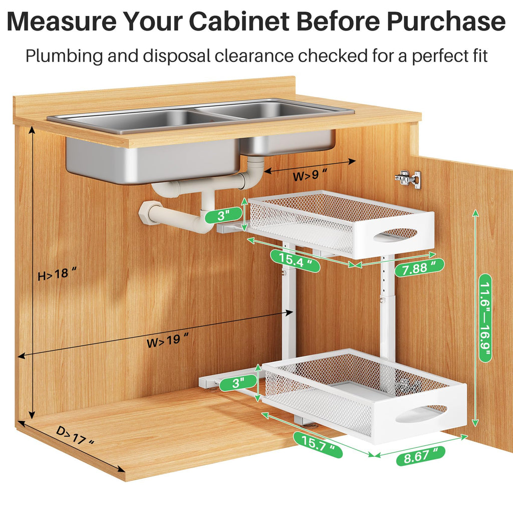 Under Sink Organizer, 2 Tier Pull out Cabinet Organizer Baskets with Mesh Sliding Drawers, Slide out Storage Shelf for Home, Kitchen, Bathroom, Pantry, Office Cabinet(1 Pack, White)