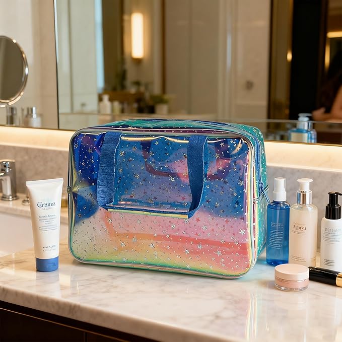 TotePrint Holographic Blue Clear Star Large Cosmetic Bag and TPU Travel Pouch with Handle,Durable Material,Zipper Design-Ideal for Makeup,Travel Essentials (Holographic Blue+Star)