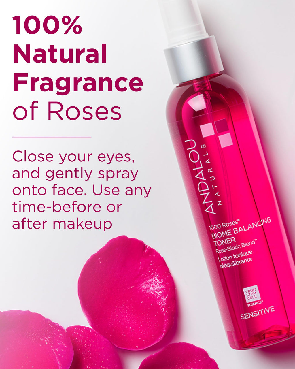 Andalou Naturals 1000 Roses Biome Balancing Toner Spray | Gentle Face Mist with Rose Stem Cells to Help Protect & Strengthen Skin Barrier|Refreshing & Soothing on Sensitive Skin | 6fl oz