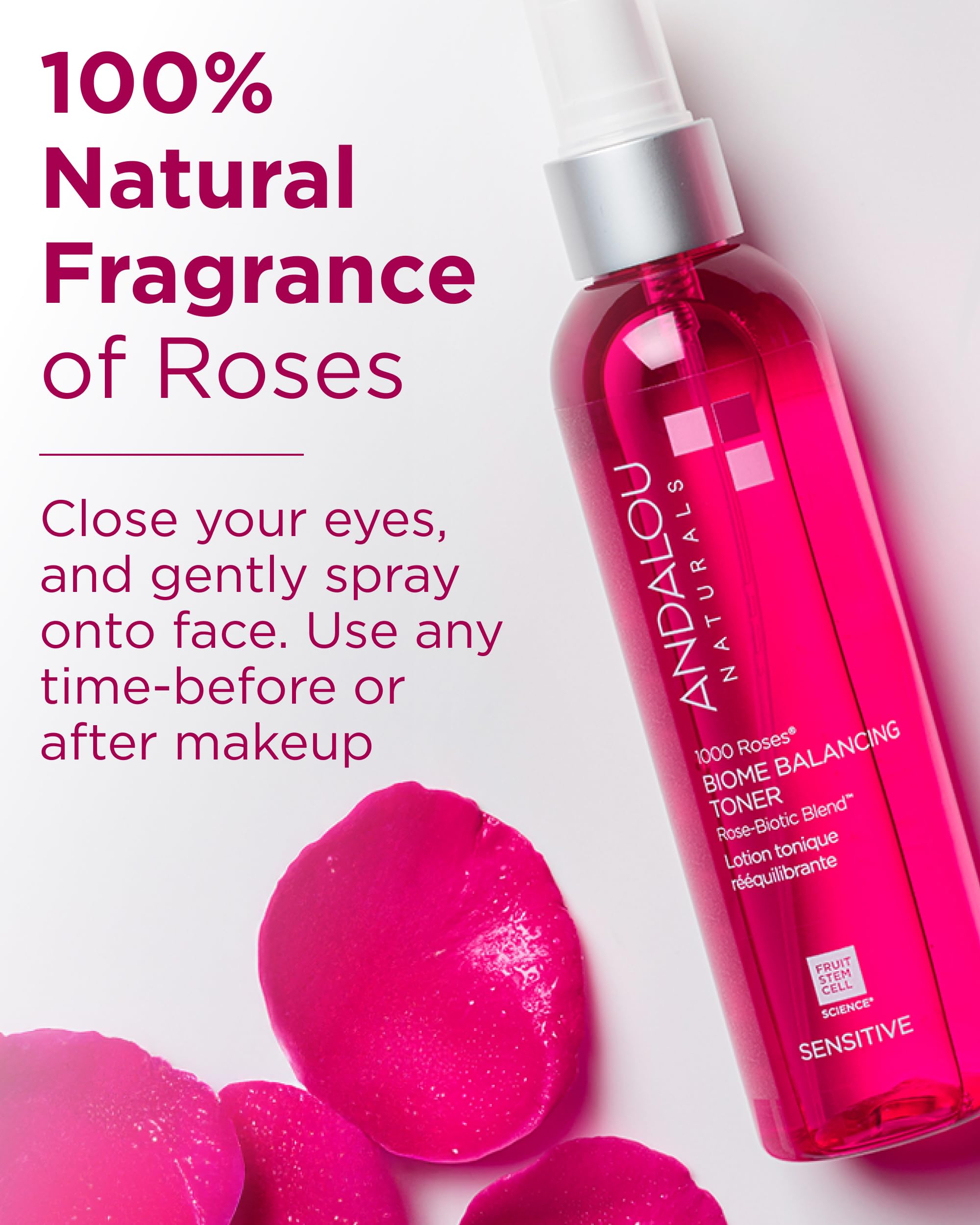 Andalou Naturals 1000 Roses Biome Balancing Toner Spray | Gentle Face Mist with Rose Stem Cells to Help Protect & Strengthen Skin Barrier|Refreshing & Soothing on Sensitive Skin | 6fl oz