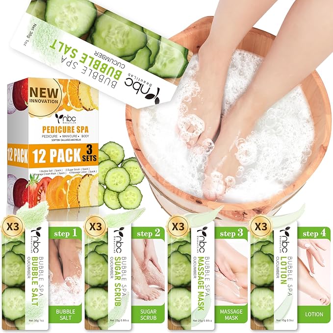 nbc BeautiLab Pedicure Kit Foot Soak Set: Bubble Salt, Sugar Scrub, Massage Mask, Massage Lotion in a Box, 4 Step Foot Spa Kit for Dry Feet, Softens Calluses(3 Set Cucumber)