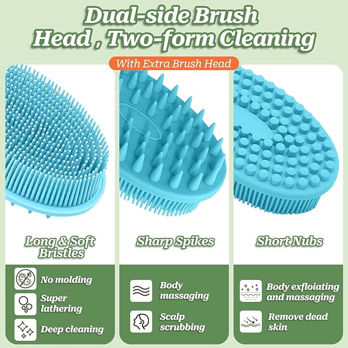 Silicone Face & Back Scrubber Set, Manual Face & Body Scrubber Exfoliator with Soft Bristles and Non-Slip Handle, Back Brush Bath Brush with 2 Detachable Brush Heads(3PCS Blue Set)