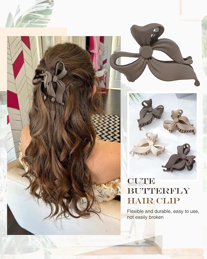 4 PCS Bow Hair Clips Bow Claw Clip for Women, Large Hair Claw Clips for Thin Thick Long Hair Cute Nonslip Bows (Dark khaki+light khaki+Dark Brown+Beige)
