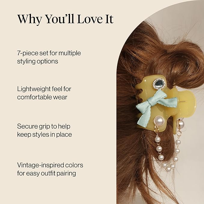 KitschPop ™ Hair Clips For Women with Charm Sets -Customizable Cloud Claw Clip With Interchangeable Collectible Cute Charms - Coastal Cottage - Butter Yellow, 7pcs Set