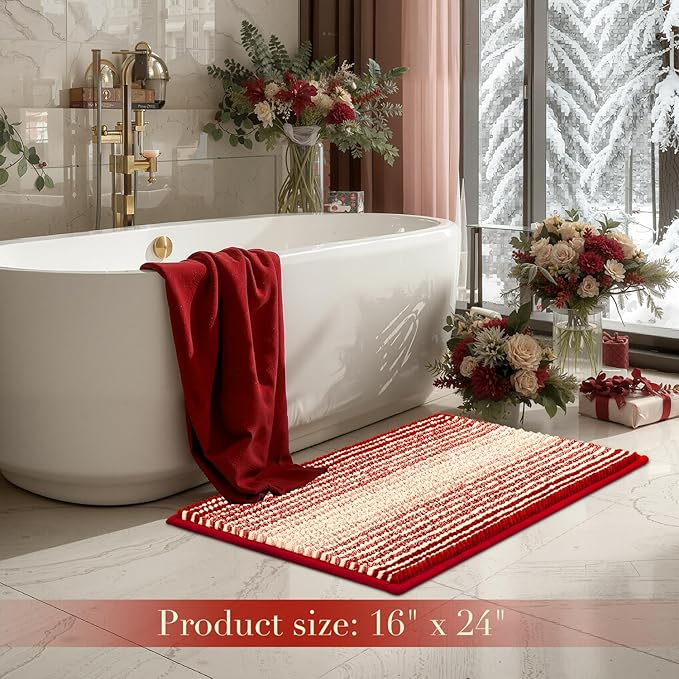 BSICPRO Christmats Bathroom Rug, Bath Mat Rug for Bath Christmas Decor Non Slip 17 x 24 Inches Water Absorbent Chenille Bathroom Floor Mats Machine Washable (Christmas Red)