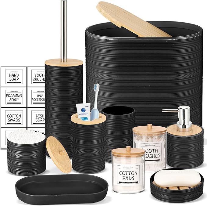 IMAVO Bathroom Accessory Set-11Pcs Black Bathroom Accessories Set with Trash Can,Soap Dispenser,Soap Dish,Toothbrush Holder,Toothbrush Cup,Toilet Brush Holder,Qtip Holder Dispenser with Labels
