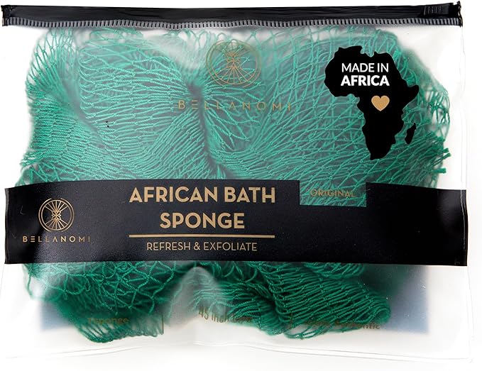 Bellanomi African Exfoliating Net Sponge, Authentic, Ethically sourced from Nigeria, 45 inches Long, Back Scrubber for Daily use (Emerald Green)