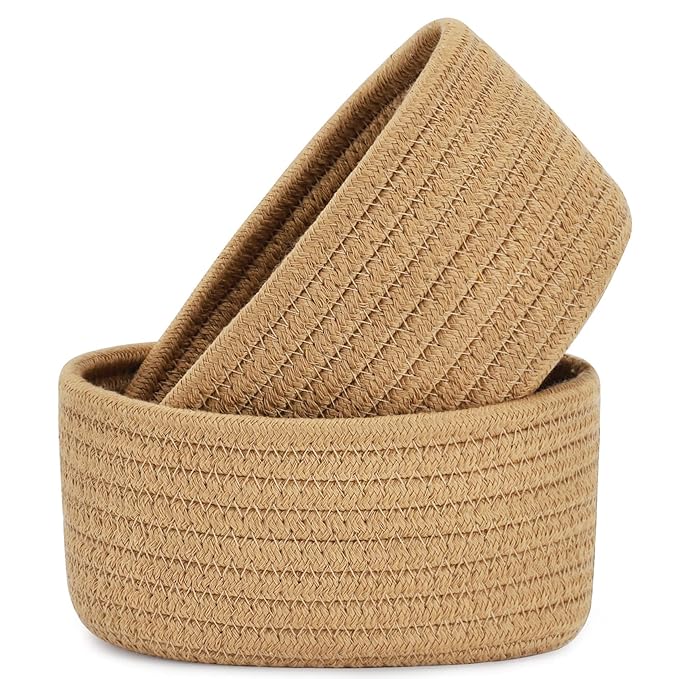 【2 Pack】ABenkle Small Woven Baskets, Tiny Oval Shallow Storage Baskets, Mini Cotton Rope Empty Decorative Basket, Boho Little Organizer Bins for Bathroom, Cat Dog Toy Gifts Baskets