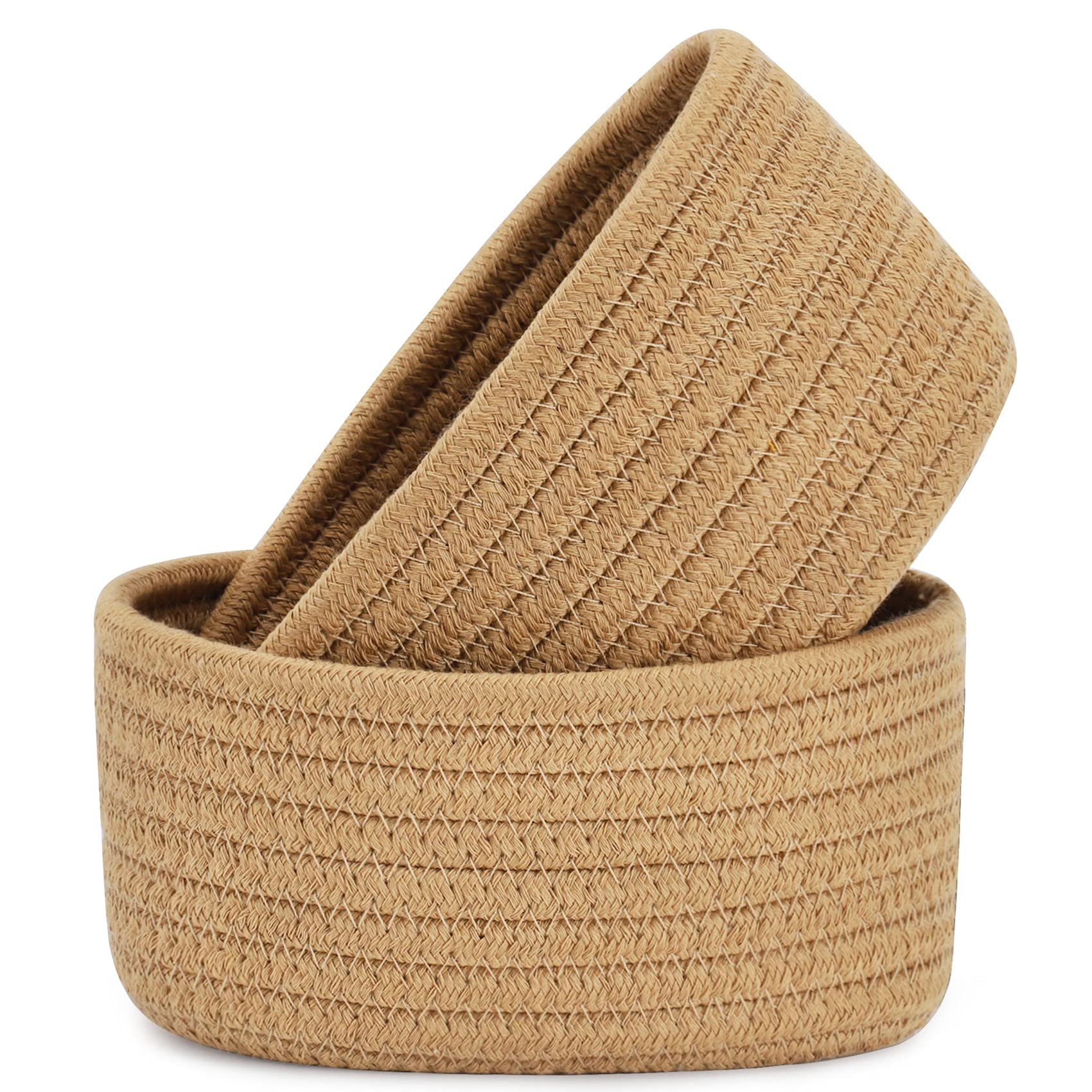 【2 Pack】ABenkle Small Woven Baskets, Tiny Oval Shallow Storage Baskets, Mini Cotton Rope Empty Decorative Basket, Boho Little Organizer Bins for Bathroom, Cat Dog Toy Gifts Baskets