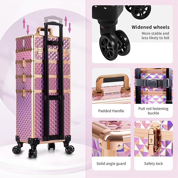 AROUS Rolling Train Makeup Case Cosmetology Case on Wheels, Pink
