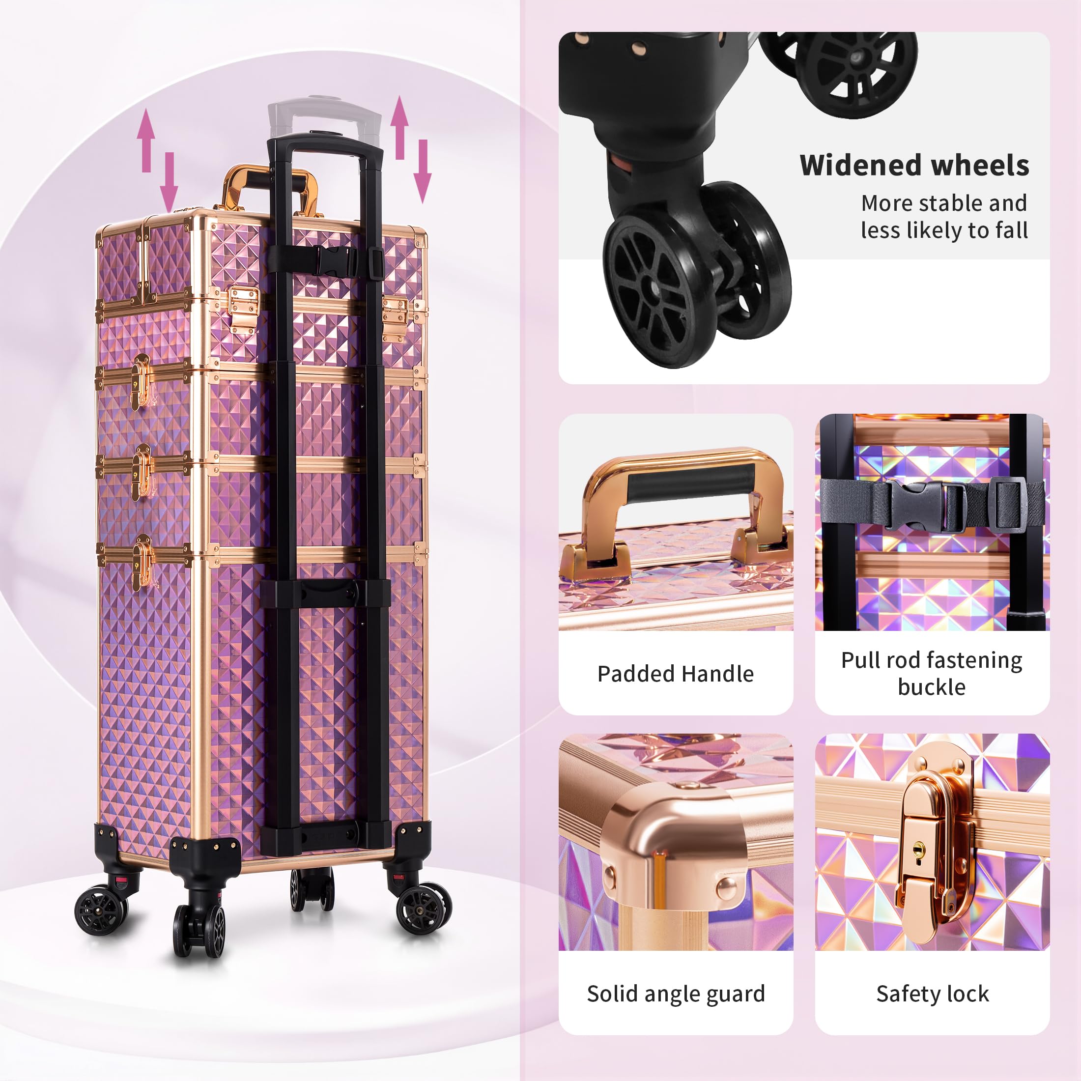 AROUS Rolling Train Makeup Case Cosmetology Case on Wheels, Pink