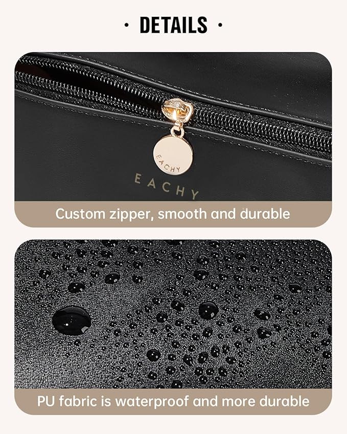 EACHY Travel Makeup Bag,Large Capacity Cosmetic Bags for Women,Waterproof Portable Pouch Open Flat Toiletry Bag Make up Bag with Divider and Handle, Gifts for Women (Black, Medium)
