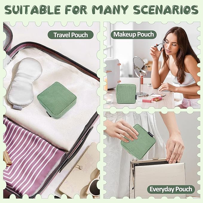 MAGEFY Small Makeup Bag, 2 Pcs Corduroy Makeup Bag for Purse Make Up Organizer Bag Mini Pouch with Slip-in Pockets Aesthetic Preppy Stuff - Green