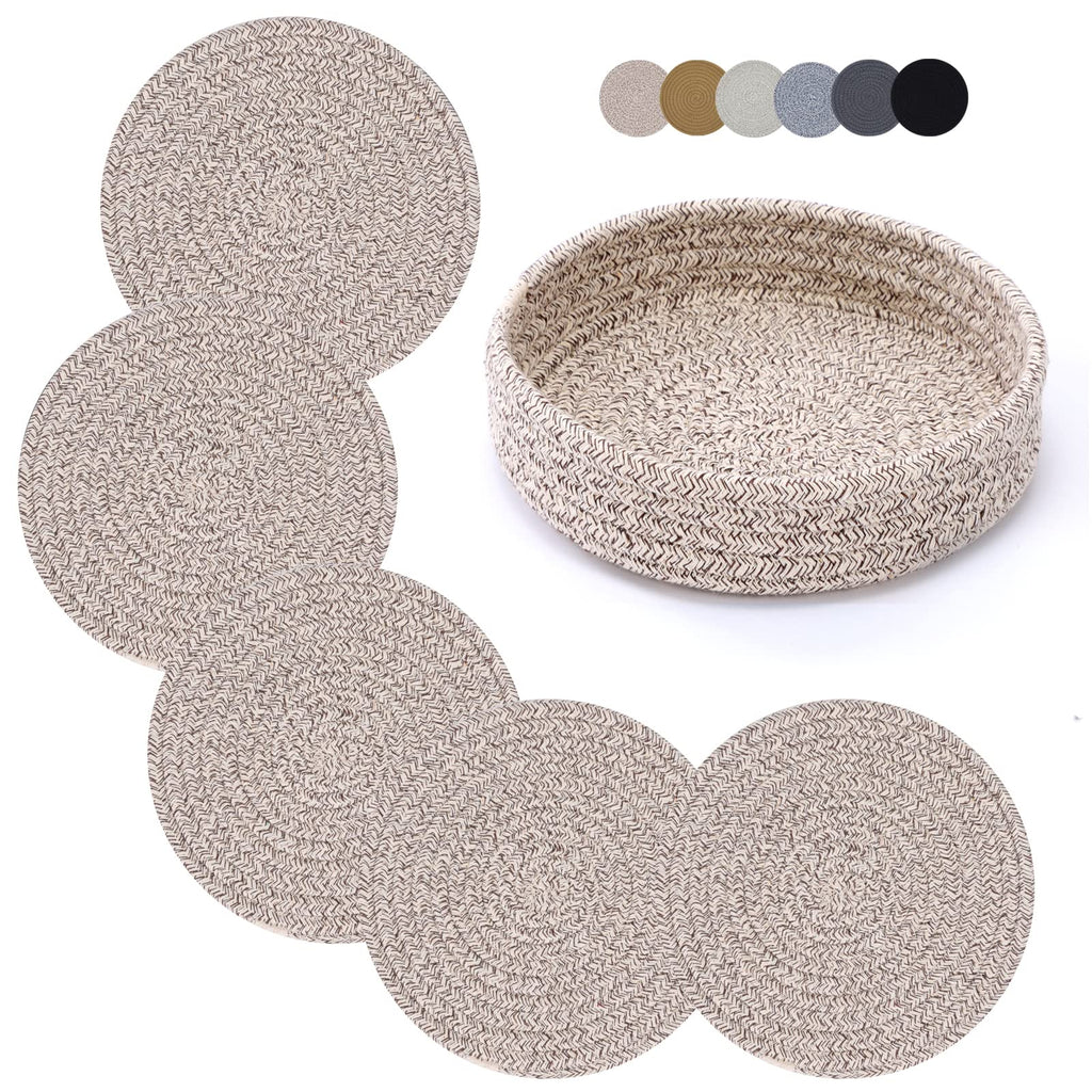 Coga Trivets for Hot Dishes, 5 Pack 7 Inch Cotton Hot Pads for Kitchen with Storage Basket, Round Pot Holders for Kitchen, Heat Resistant Mats for Countertop, Pots and Pans, Farmhouse Decor, Brown