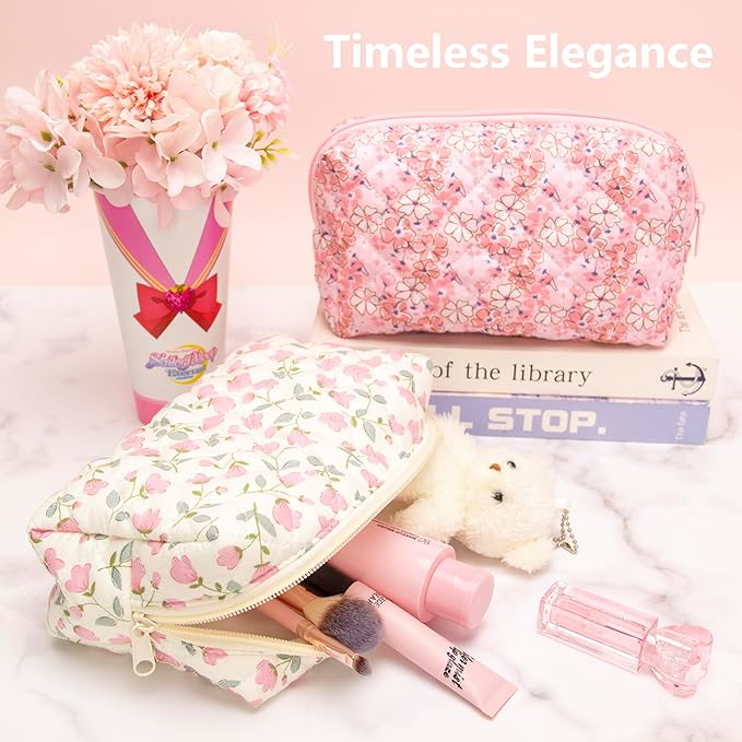 PAZIMIIK Small Quilted Makeup Bag,Zipper Cosmetic Pouch,Floral Pink,6 Pack