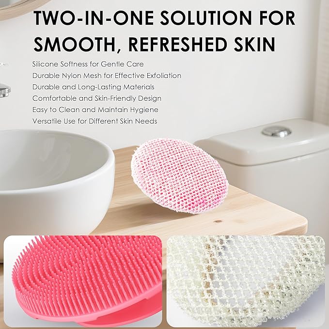 Pink Food-Grade Silicone Body Scrubber with Exfoliating Net Sponge Case