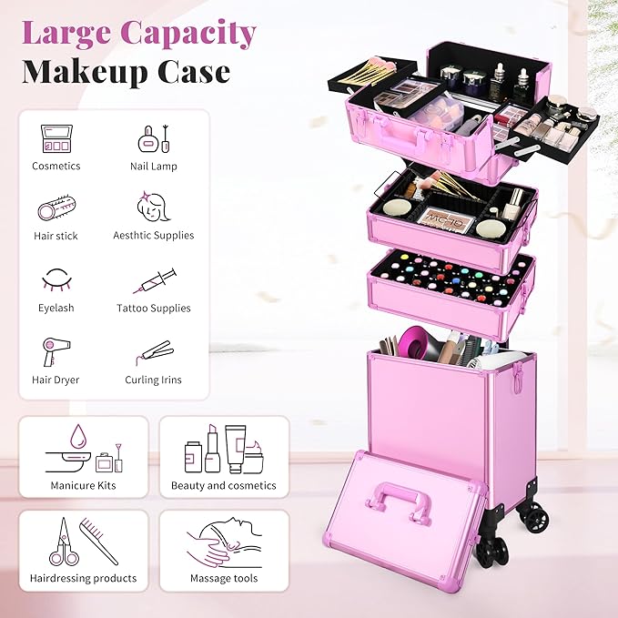 JINGUAN Professional Rolling Makeup Train Case with Lid, 5 in 1 Cosmetology Case on Wheels, Large Cosmetic Trolley Organizer Travel for Hairstylist Artist Nail Beauty Salon Barber, Pink