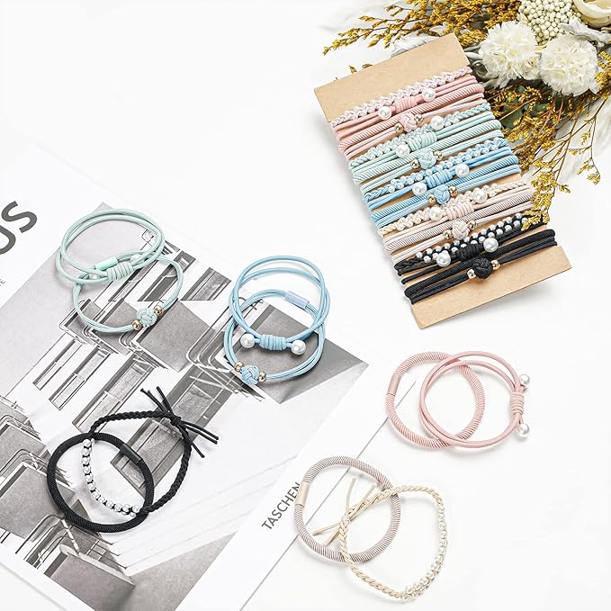 Lolalet Hair Ties (20 Pcs, Style D) - Thicker, Stretchy, Durable, No Pull Nylon Hair Ponytail Holder for Women and Girls, Fit for Thin, Long, Curly Hair, Also as Bracelet, Macaron Color