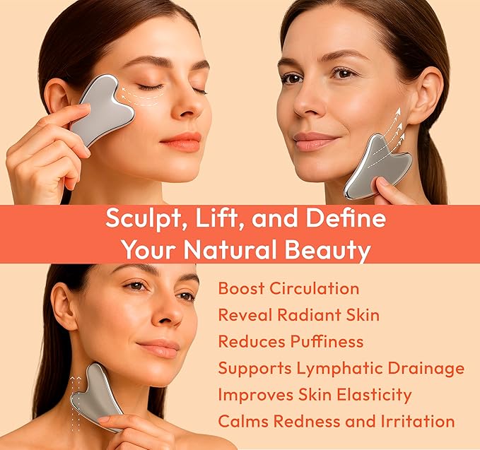 Stainless Steel Gua Sha Tool for Face & Neck – Facial Massage Tool for Lymphatic Drainage, Depuffing, Jawline Sculpting & Skincare Routine – Hygienic Metal Face Sculpting Tool