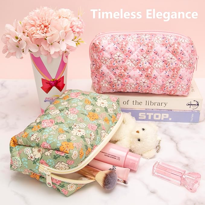 PAZIMIIK Small Quilted Makeup Bag,Zipper Cosmetic Pouch,Green Floral,6 Pack