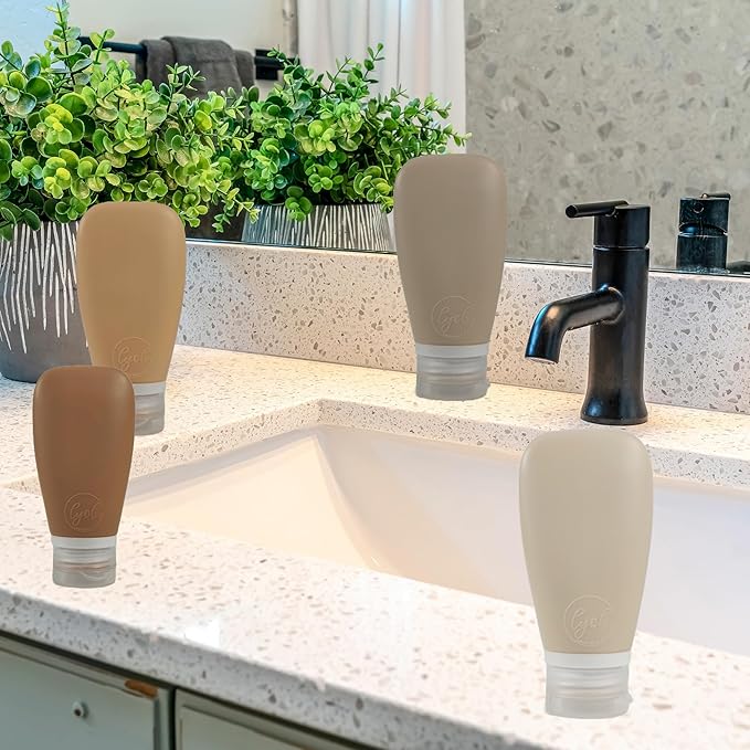 LYOB Travel Bottles for Toiletries, TSA Approved 3 oz Leak Proof Silicone Refillable Squeeze Travel Size Containers BPA Free for Cleansers, Lotions, Shampoo w/Clear Bag (Earth Tone Colors)