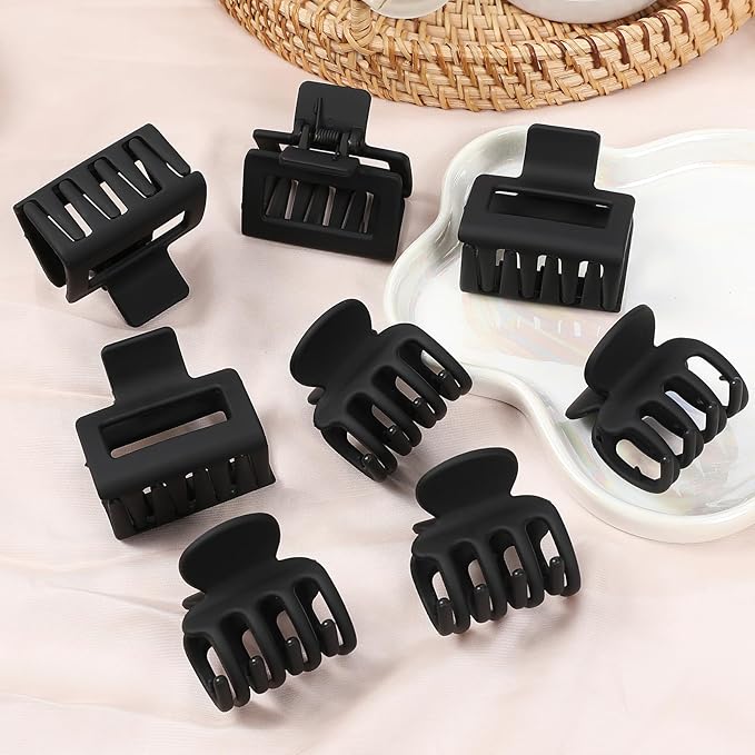 Medium Hair Clips Combination 2 Styles Small Claw Clips for Thin Hair 8 Pcs Matte Non-slip Rectangle Jaw Clips Square Hair Accessories for Women and Girls (Black)