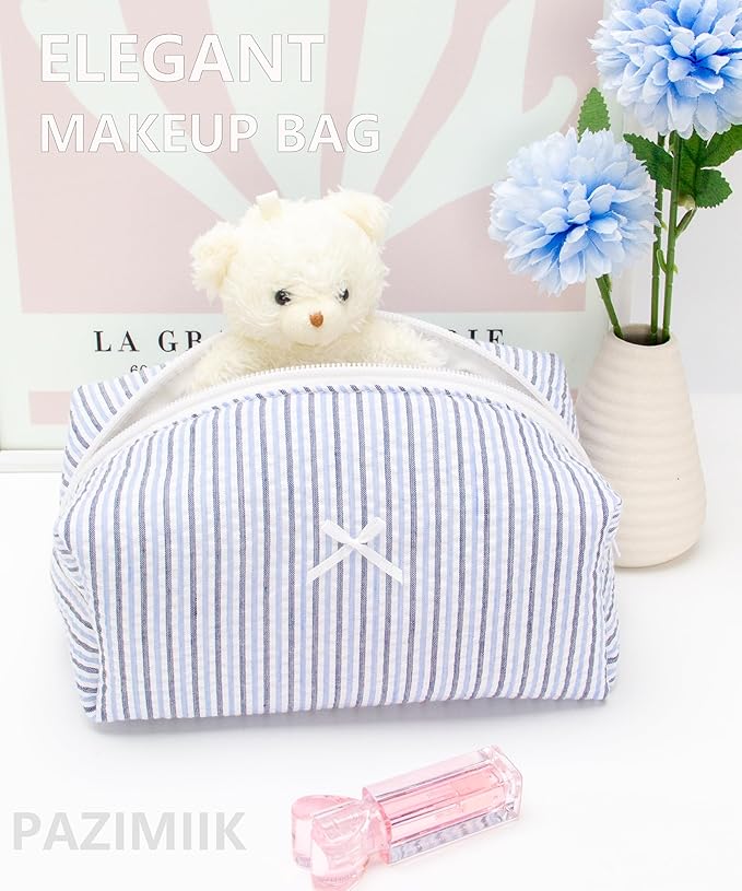 PAZIMIIK Cozy Makeup Bag for Women,Zipper Cosmetic Pouch,Stripe Blue Mix