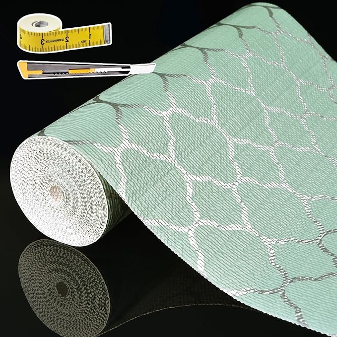 Shelf Liners for Kitchen Cabinets Non Adhesive Drawer Liner 17in x 30FT Light Green Quatrefoil Thickened Shelf Liner Strong Non-Slip Easy to Clean for Tool Box Refrigerator with Knife and Tape Measure