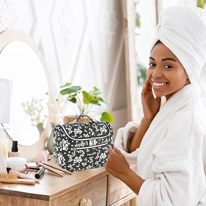 Emma & Chloe Large Cosmetic Case Makeup Organizer, Toiletry Bag for Women | 4 Section Waterproof Travel Make Up Organizing Bags (Delightful Daisies)