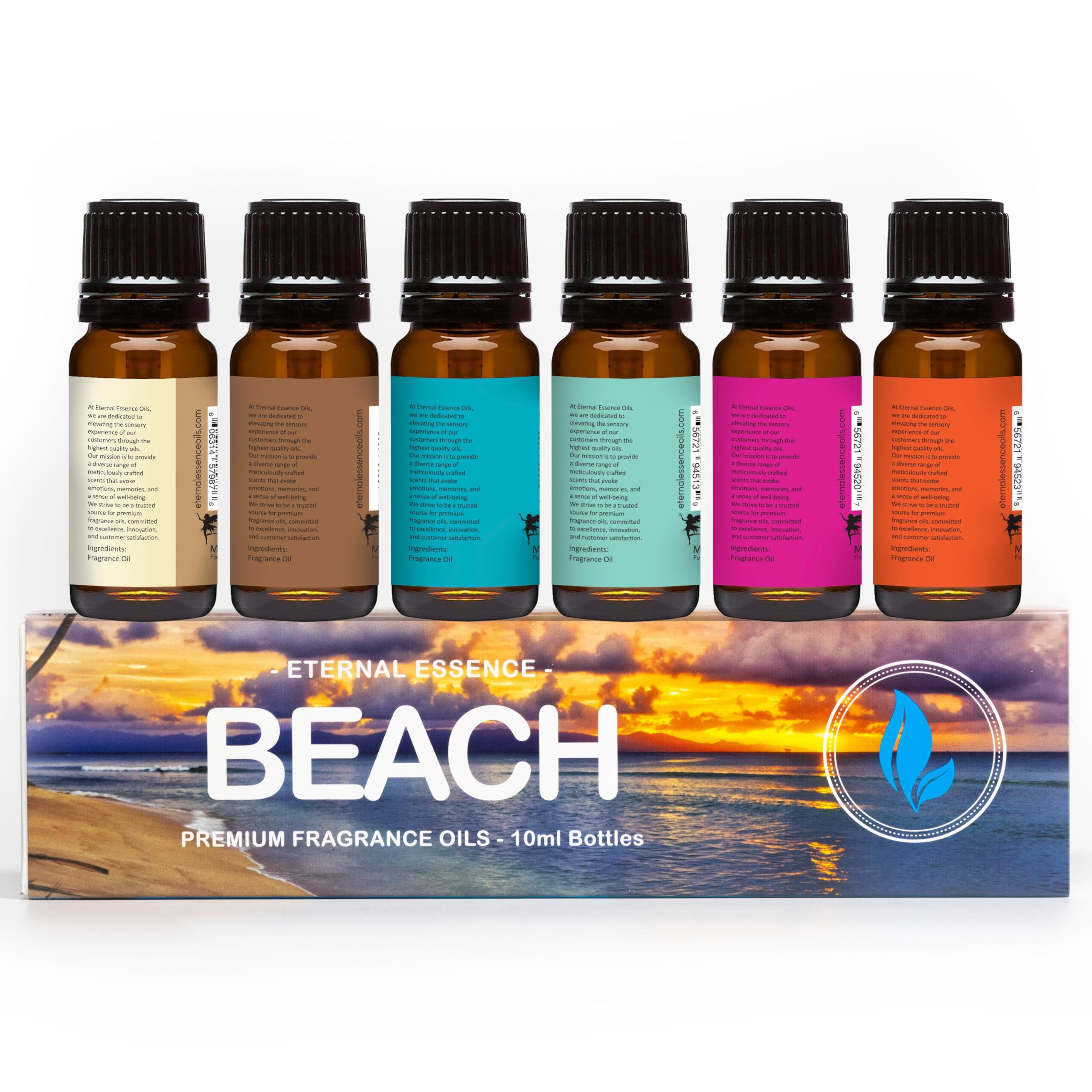 Eternal Essence Oils Beach Set of 6 Premium Fragrance Oils - Includes White Sand, Ocean Breeze, Honolulu Sun, Mermaid, Caribbean Escape, and Sun & Sand Scented Oils - 10ML