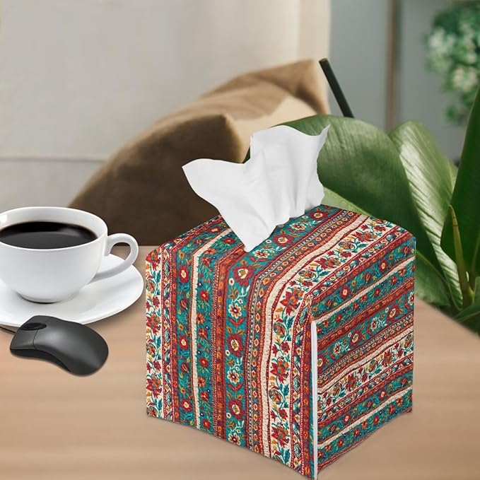 Brown Aztec Tissue Box Holder Waterproof PU Leather Square Modern Tissue Box Cover with Metal Button Napkin Holder for Home Office Car
