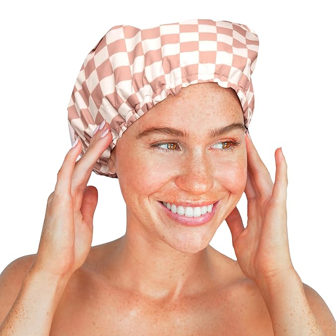 Kitsch Luxury Satin-Lined Flexi Shower Cap for Women - Terracotta Checker