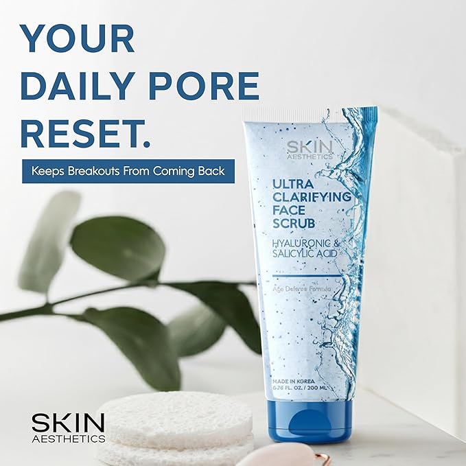 Skin Aesthetics Face Scrub with Hyaluronic & Salicylic Acid – Deep Cleansing, Hydrating & Gentle Exfoliating Face Wash For Acne-Prone Skin – Dermatologist Tested, Korean Skin Care – 6.76 Fl Oz