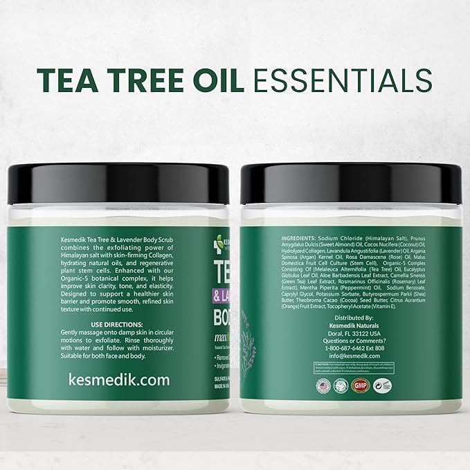 KESMEDIK Tea Tree Oil Foot & Body Scrub with Himalayan Salt & Shea Butter, Exfoliating Scrub for Feet & Skin, Helps Control Odor, Removes Dead Skin & Smooths Rough Heels and Calluses
