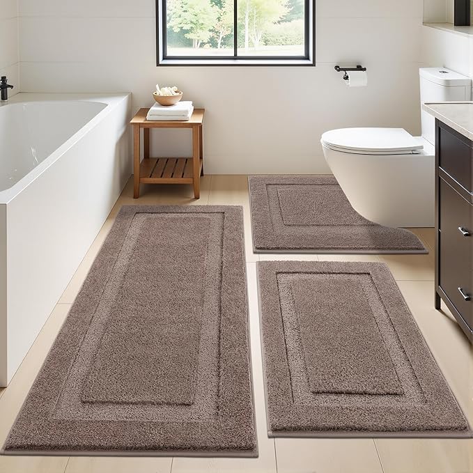 SHACOS Coffee Brown Bathroom Rugs Sets 3 Piece Bath Mat U Shaped Toilet Rug