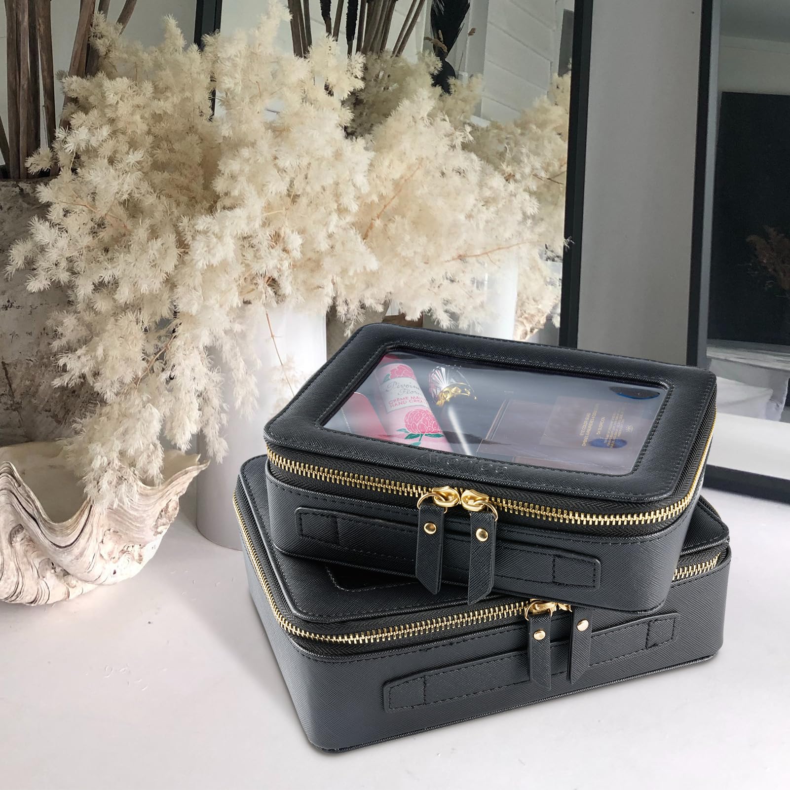 Aveniee Clear Makeup Bag Organizer,Large Travel Toiletry Bag for Women, Waterproof Cosmetic Pouch with Zippers,Car Organizers and Storage Case for Accessories,Black