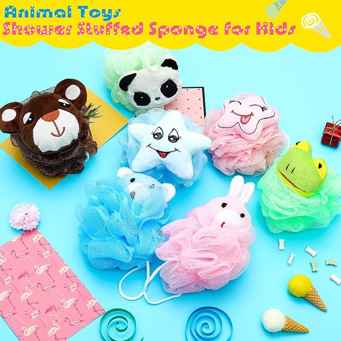 Boao 8 Pcs Animal Kids Loofah Bath Sponge, Cartoon Body Scrubber
