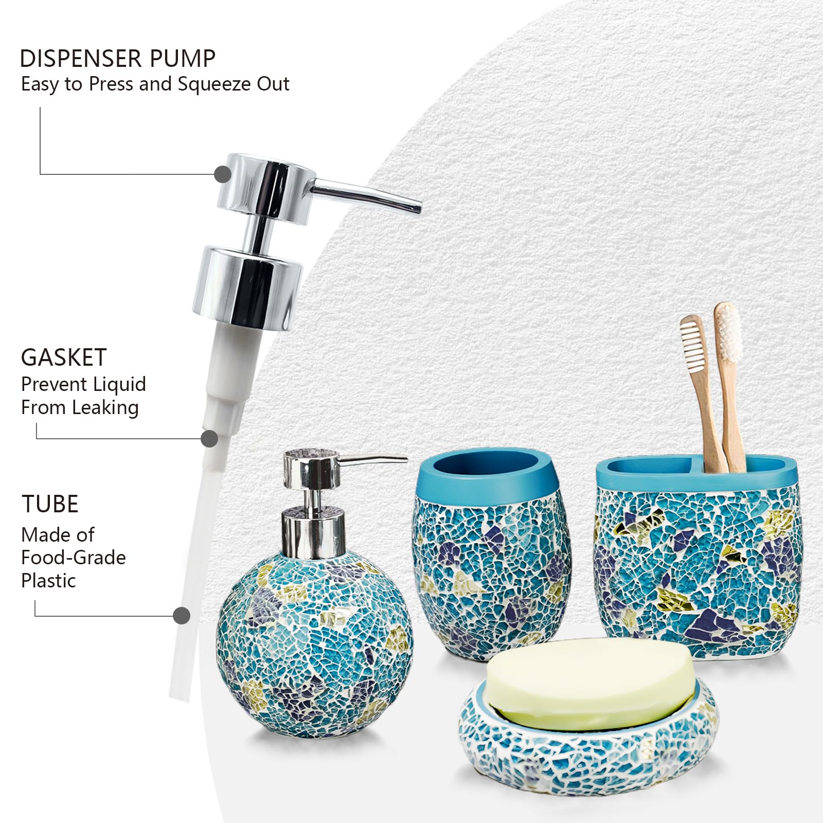 Handmade Blue Mosaic Glass Bathroom Accessory Sets 4PCS Bathroom Accessories Set Complete Includes Lotion Dispenser Toothbrush Holder Tumbler Cup & Soal Dish