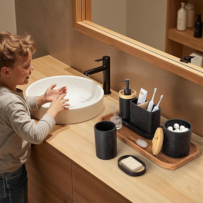 Bathroom Accessories Set Black, 6Pcs Bathroom Accessory Set, Large-Sized Toothbrush Holders Set Black, Soap Dispenser, Vanity Tray, Bathroom Tumbler, Apothecary Jars and a Soap Dish