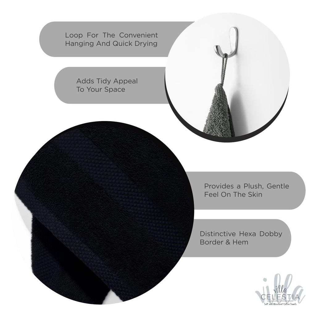 Villa Celestia Cotton Hand Towels Set of 4, 16 x 28, Oeko-TEX Certified, Quick Dry, Black
