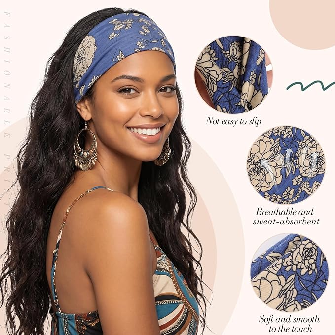 obeoby Boho Style Headbands for Women, 8 Pack Non Slip Headbands Fashion Hippie Clothes Outfit Gift Wide Hairband Hair Wrap